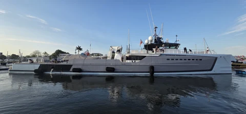Explorer-style yacht berthed at the yard