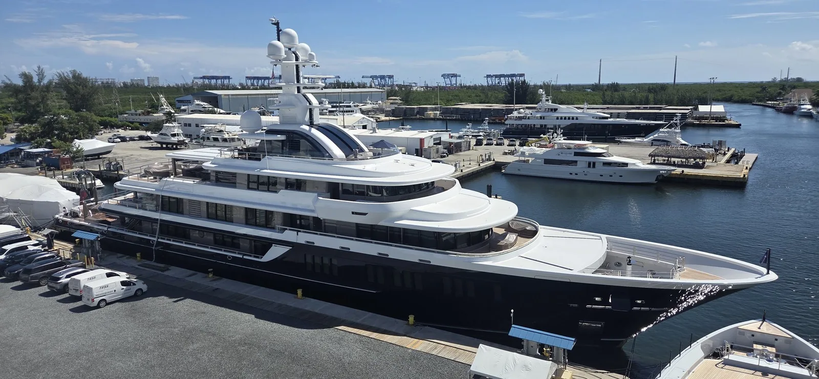 Aerial view of yachts berthed alongside the Taylor Lane working yard