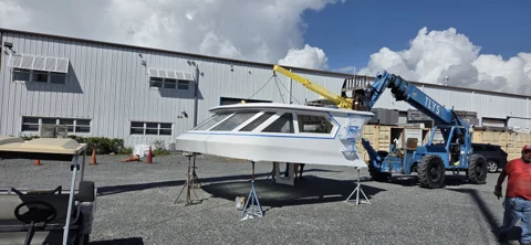 Lifting a newly fabricated yacht top section